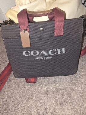Coach Black Canvas Messenger Bag with Burgundy Accents